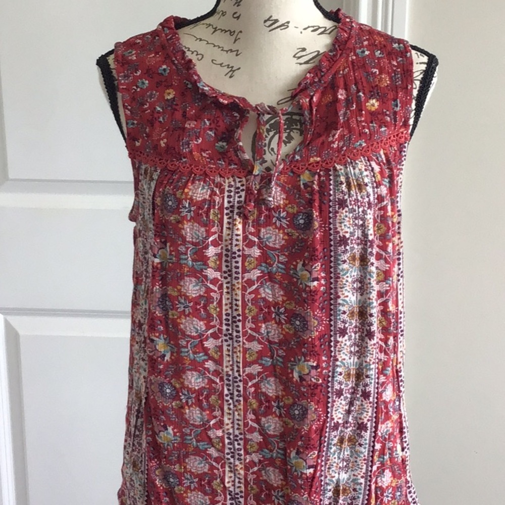 Wallflower bohemian red floral  print with ruffles and tie at neck line